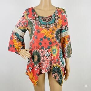 2B Together Paisley Bell Sleeve Boho Top L Coral Teal Sharkbite Hem Whimsigoth